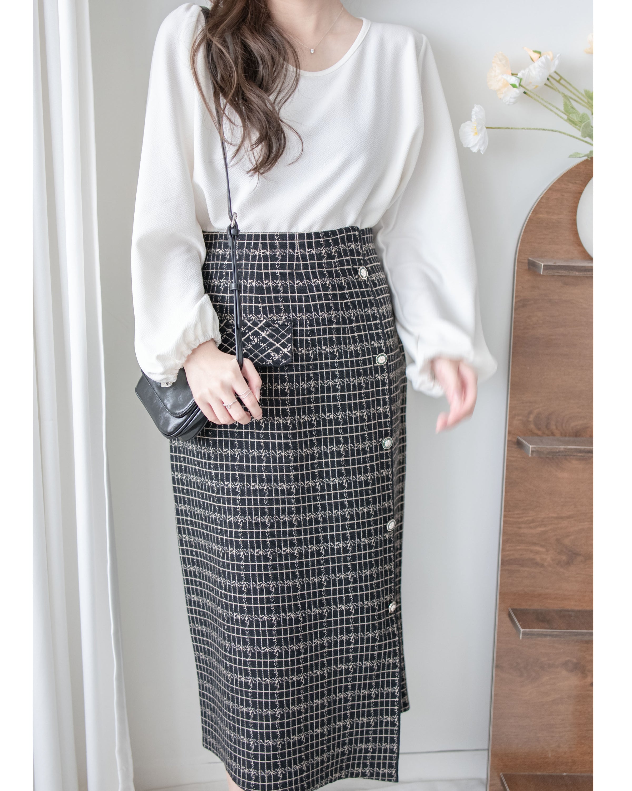 Checked Skirt 彈性A字立體微開衩格紋裙/ SK8918