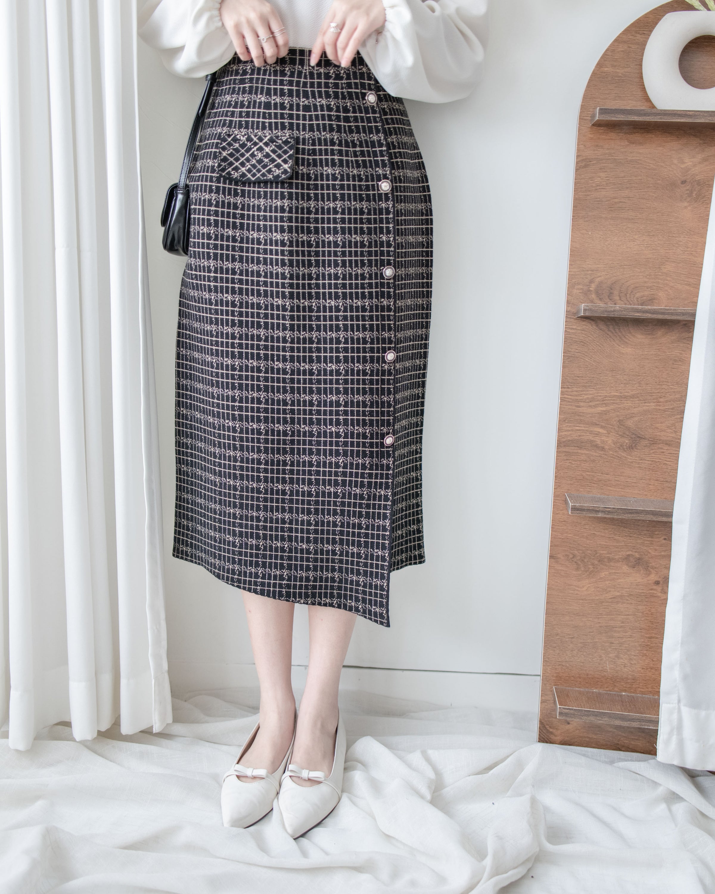 Checked Skirt 彈性A字立體微開衩格紋裙/ SK8918