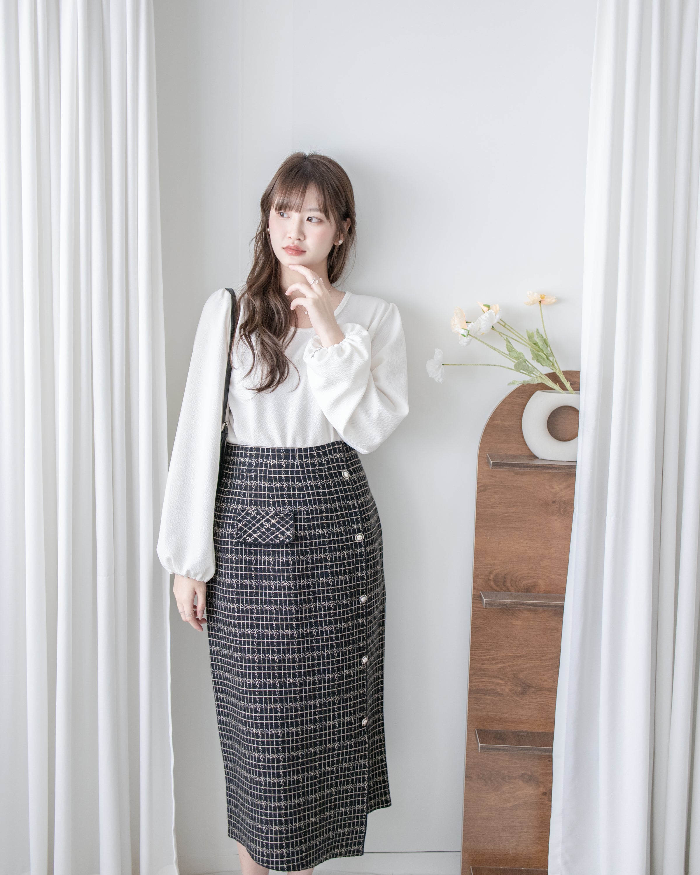 Checked Skirt 彈性A字立體微開衩格紋裙/ SK8918