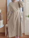 Beige Dress 百搭素雅左右開叉配銀釦腰帶連身裙/ DS9804