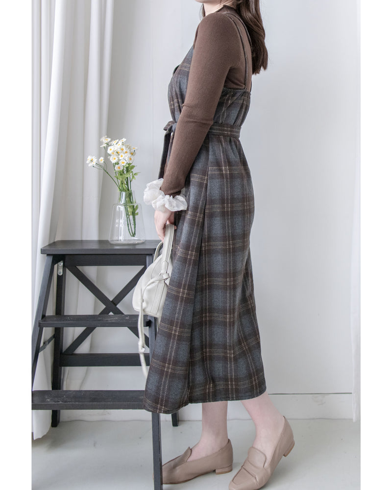 Check Set 後交叉帶吊帶格紋連身裙 （一Set兩件）/SE8096