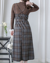 Check Set 後交叉帶吊帶格紋連身裙 （一Set兩件）/SE8096