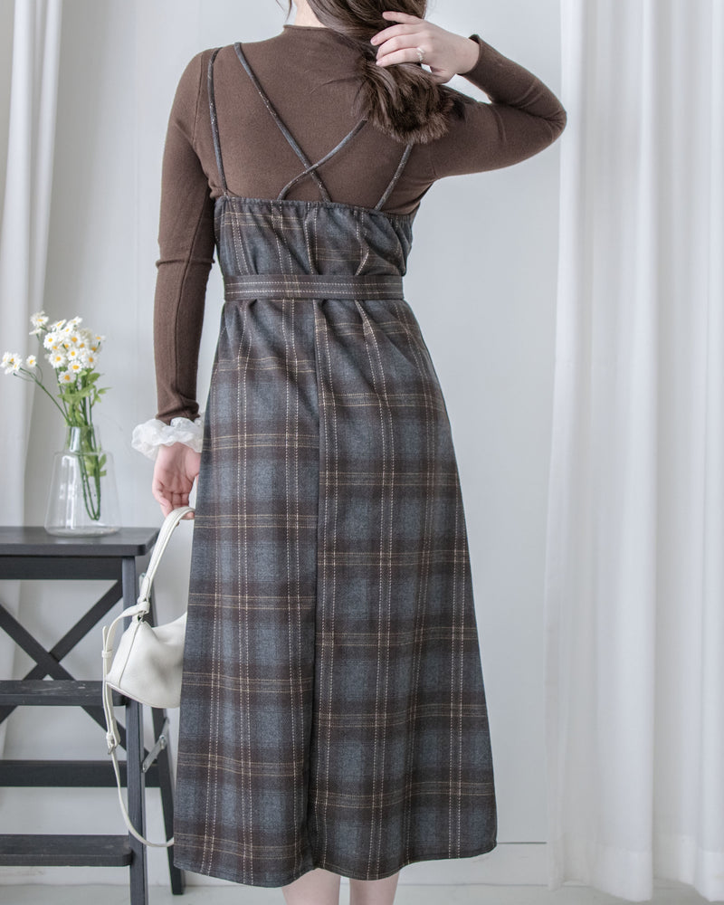 Check Set 後交叉帶吊帶格紋連身裙 （一Set兩件）/SE8096