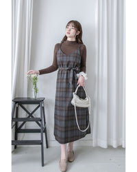 Check Set 後交叉帶吊帶格紋連身裙 （一Set兩件）/SE8096