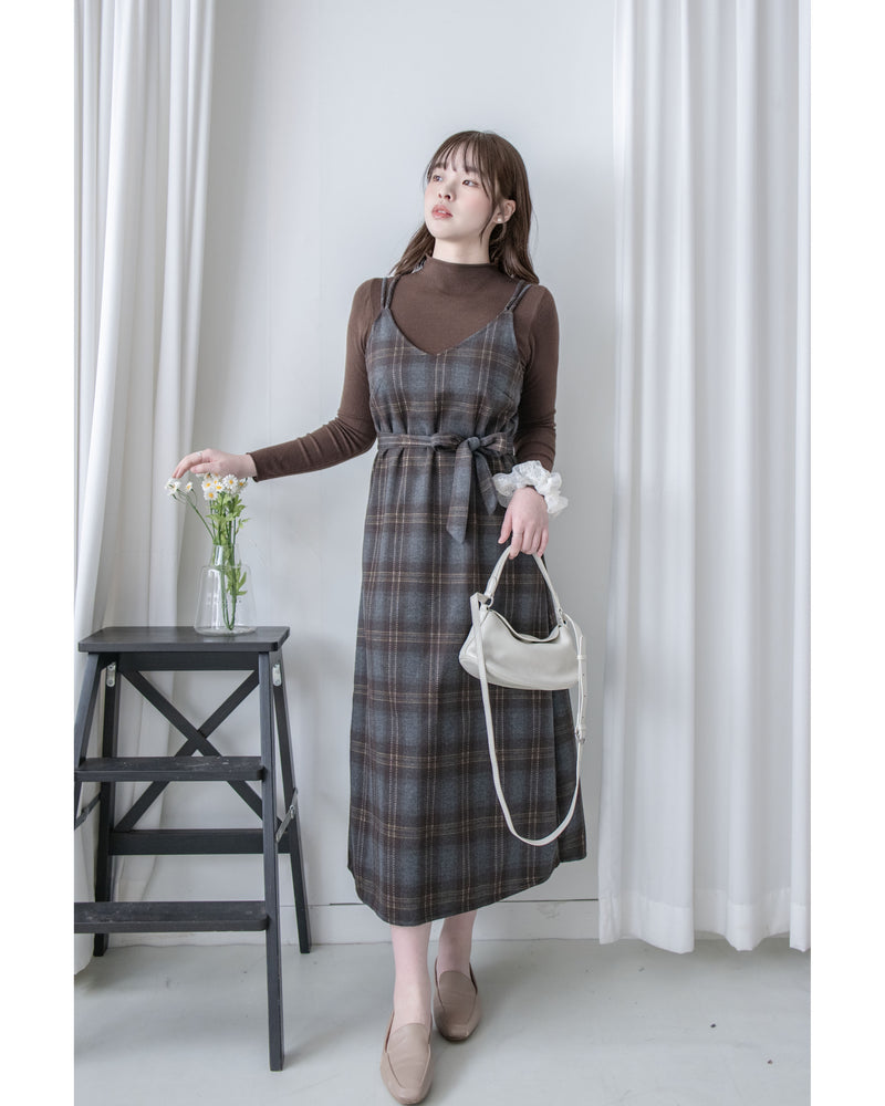 Check Set 後交叉帶吊帶格紋連身裙 （一Set兩件）/SE8096