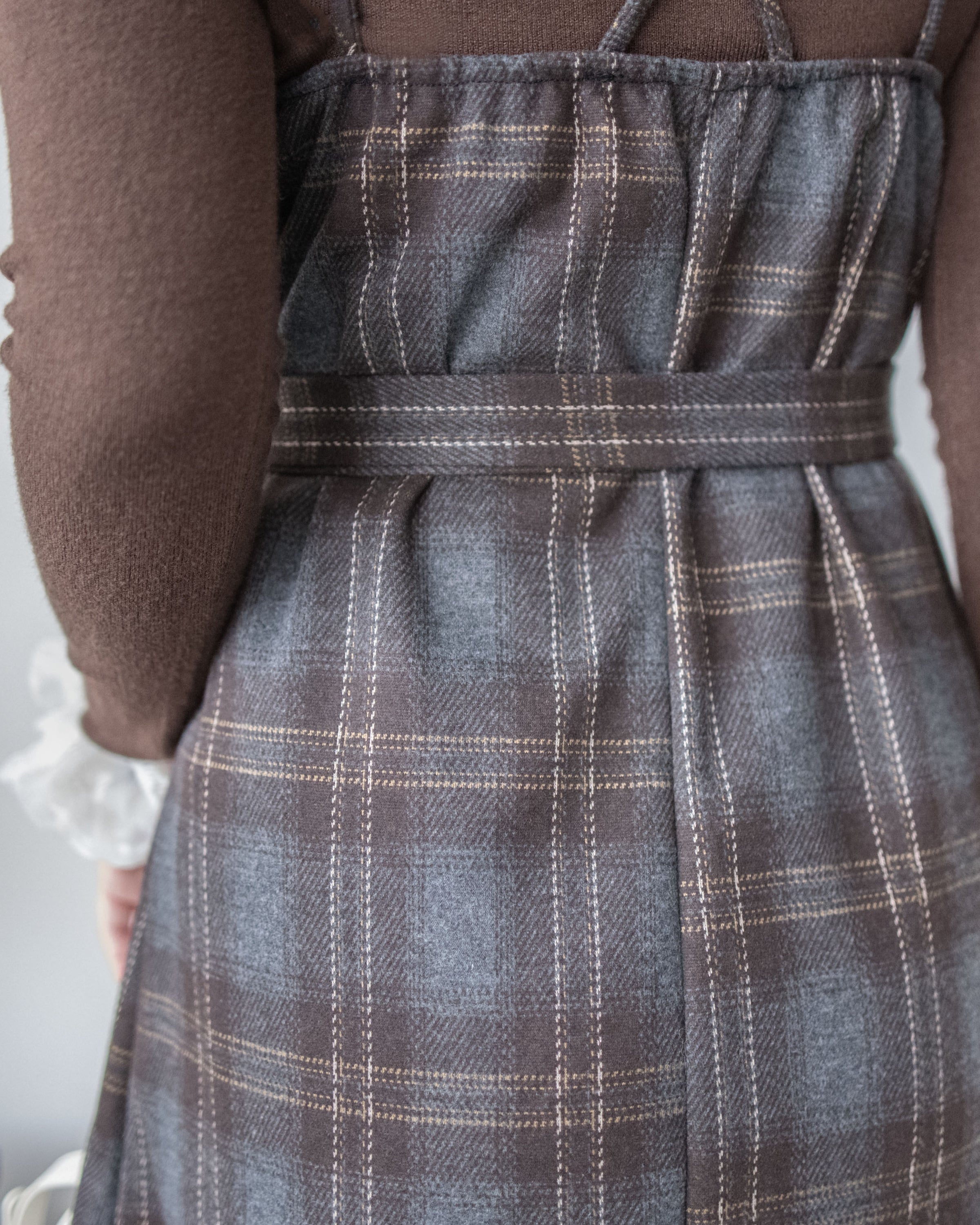 Check Set 後交叉帶吊帶格紋連身裙 （一Set兩件）/SE8096