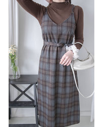 Check Set 後交叉帶吊帶格紋連身裙 （一Set兩件）/SE8096