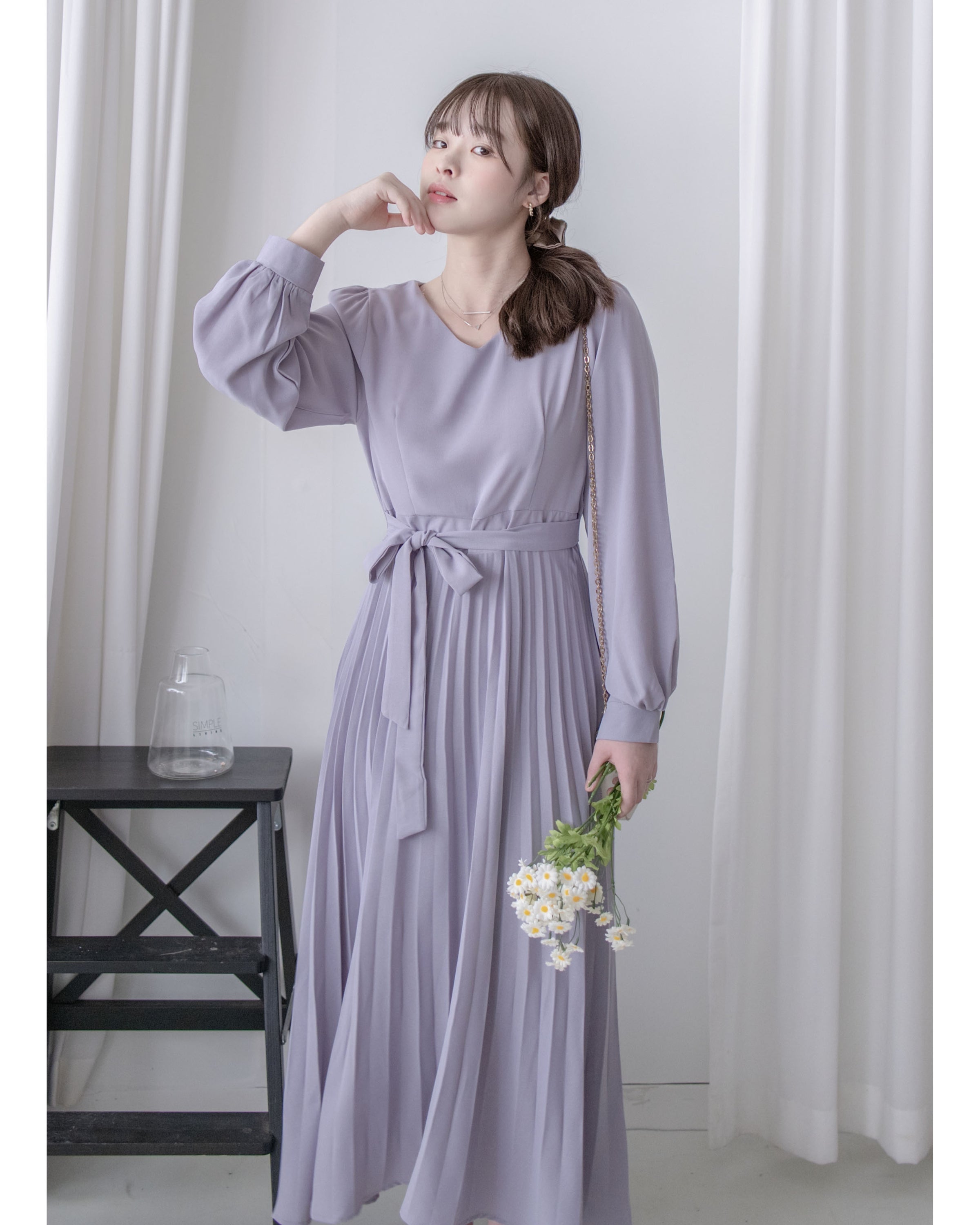 Lavender Pleated Dress 淡薰衣草搖曳波浪百褶連身裙 / DS1032
