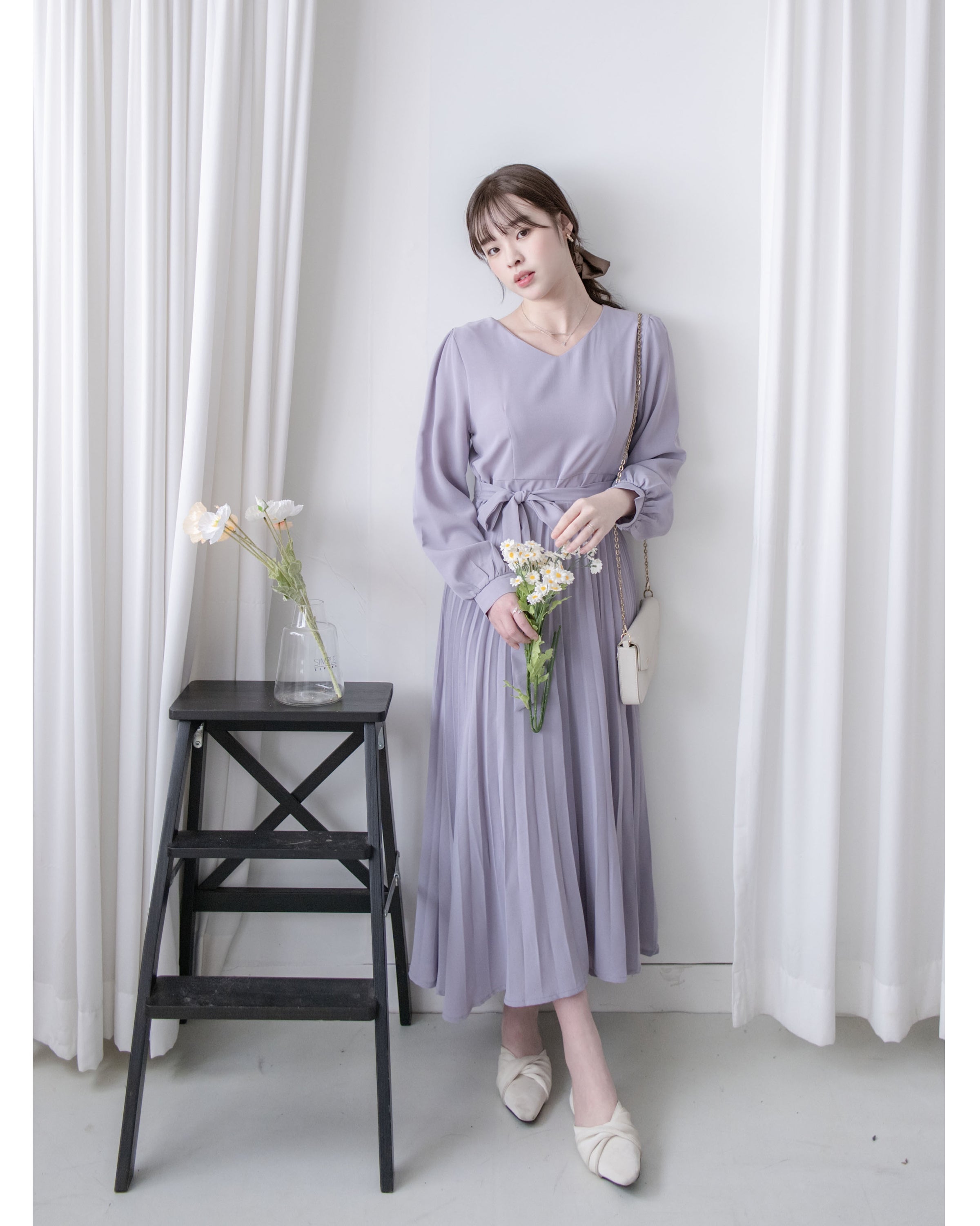 Lavender Pleated Dress 淡薰衣草搖曳波浪百褶連身裙 / DS1032
