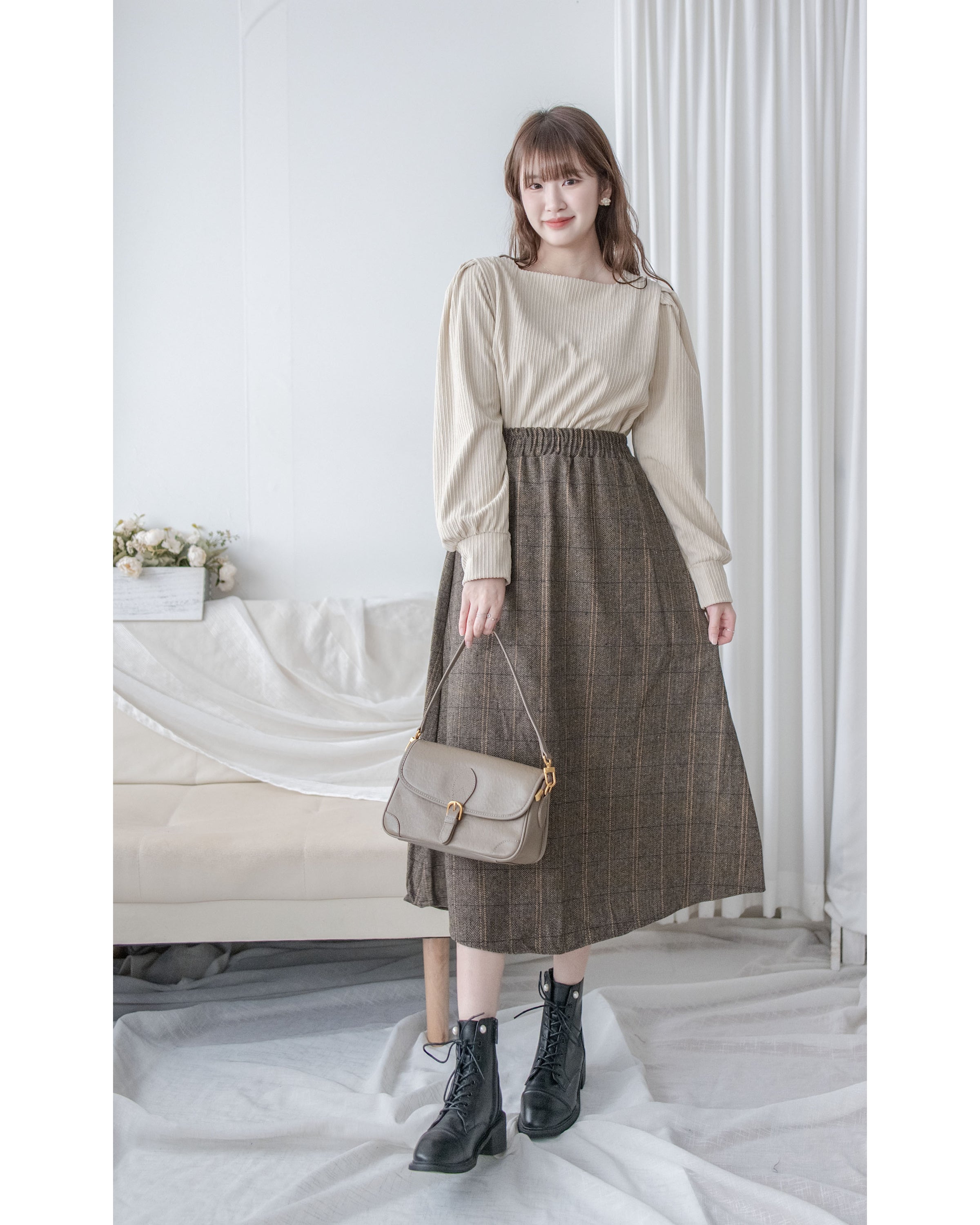 【intent X Korea label】 Houndstooth, Skirt 百搭斜格紋A傘形顯瘦半裙/ SK8857