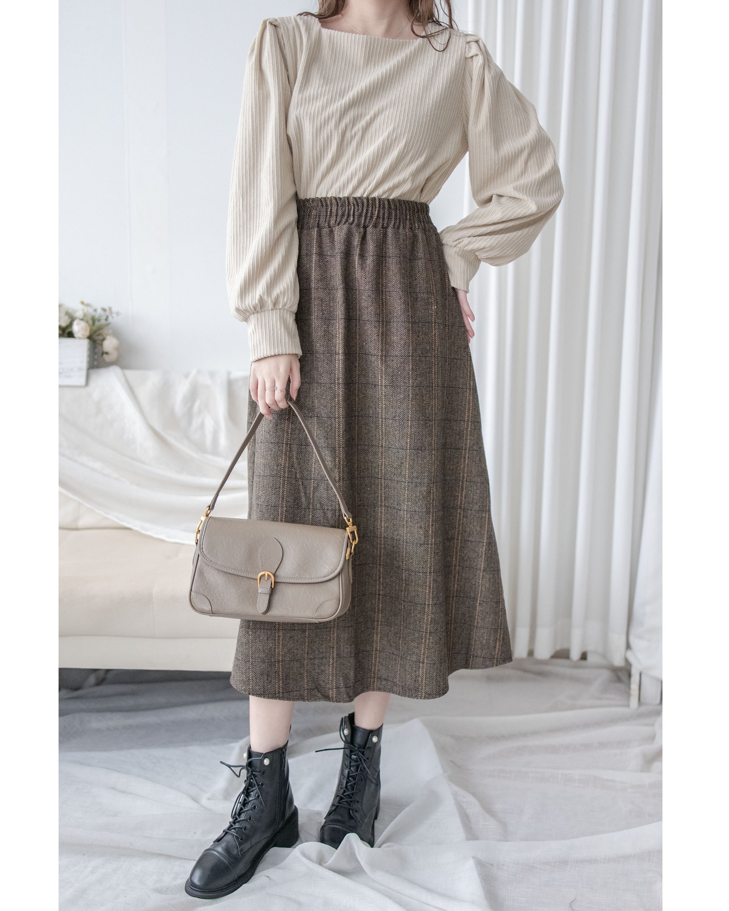 【intent X Korea label】 Houndstooth, Skirt 百搭斜格紋A傘形顯瘦半裙/ SK8857