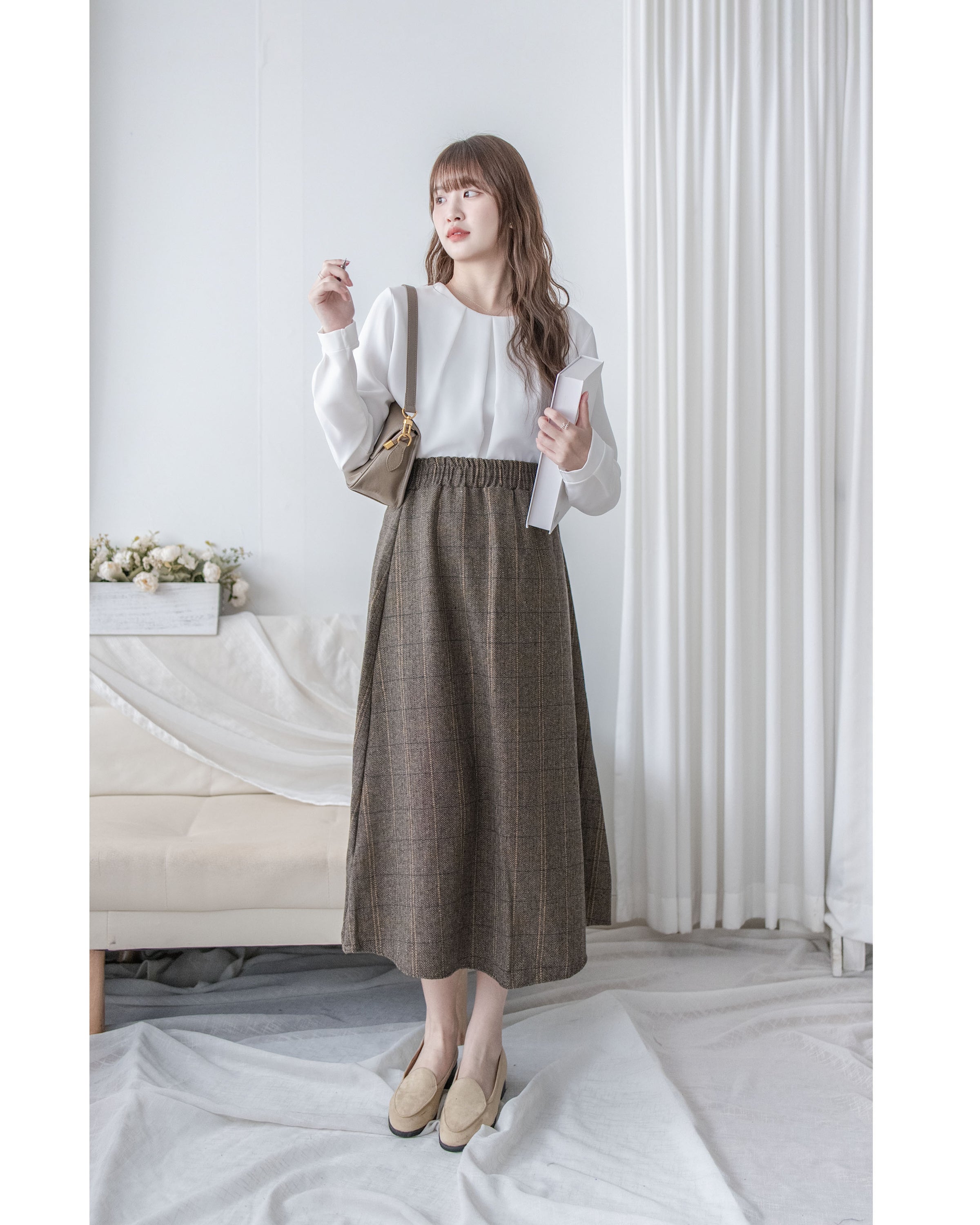 【intent X Korea label】 Houndstooth, Skirt 百搭斜格紋A傘形顯瘦半裙/ SK8857