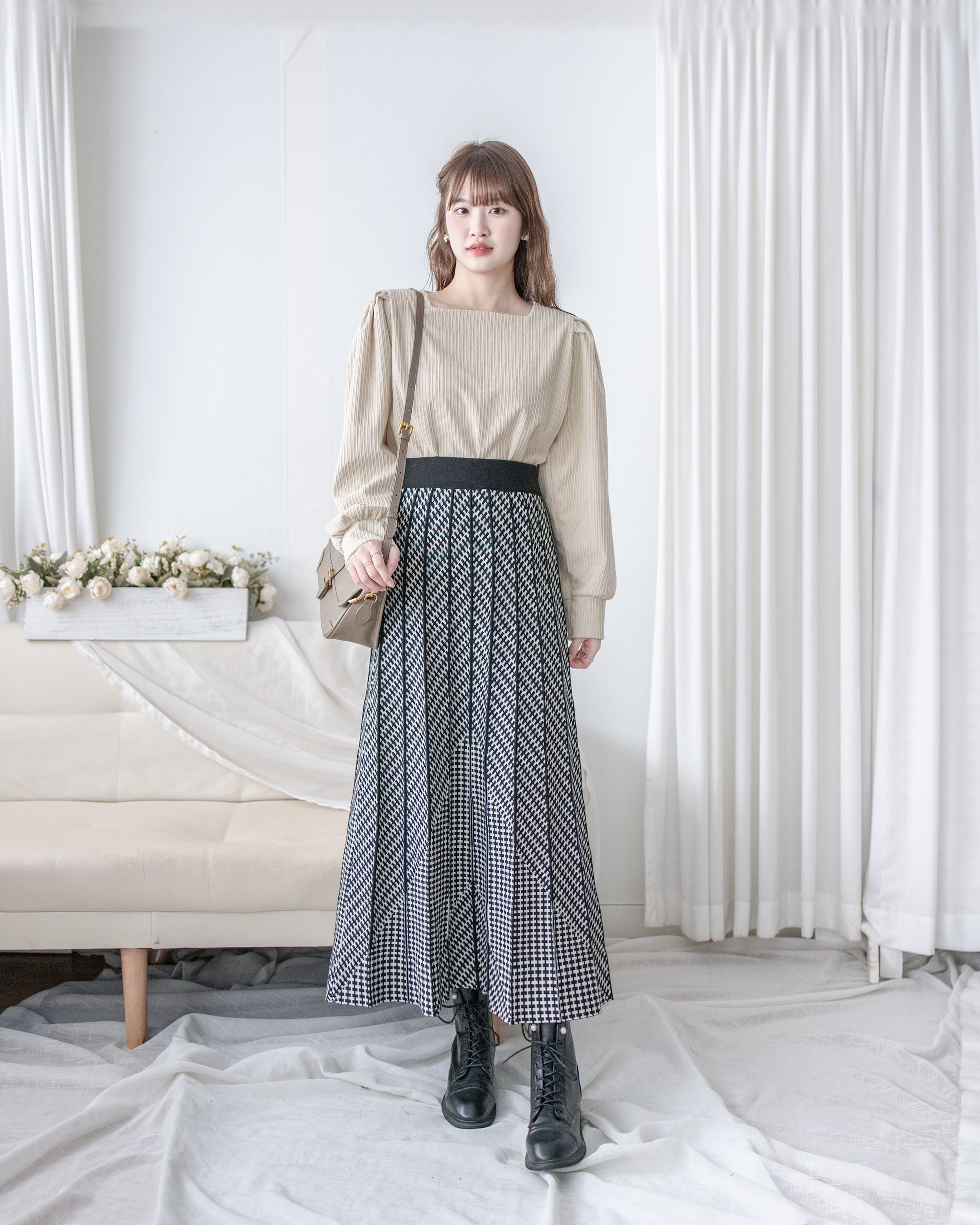 Pleated Pattern Knit Skirt 千鳥格設計感針織彈性百褶裙 / SK8920