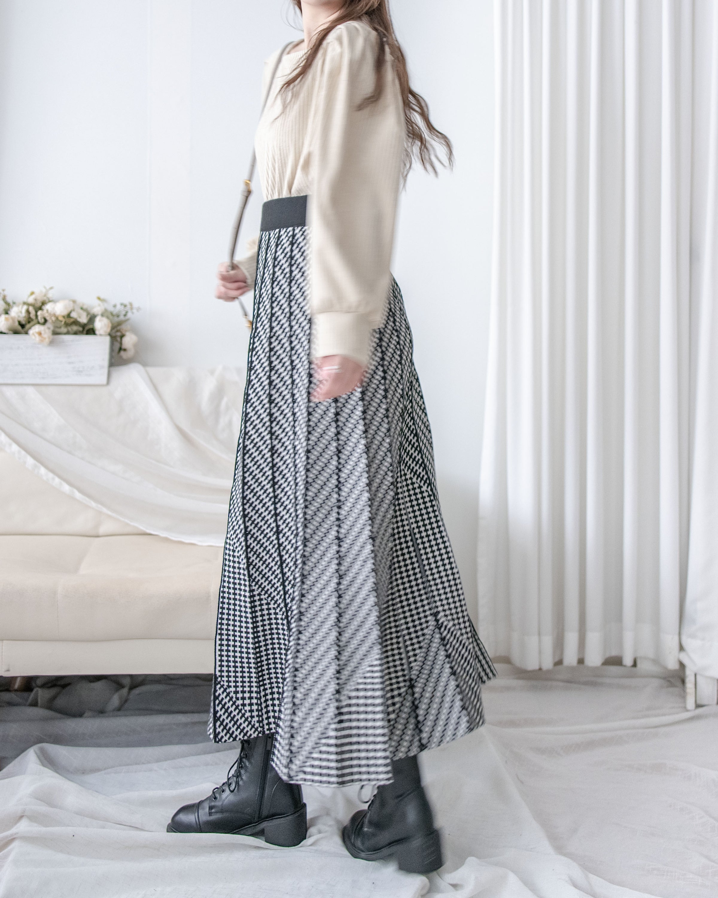 Pleated Pattern Knit Skirt 千鳥格設計感針織彈性百褶裙 / SK8920