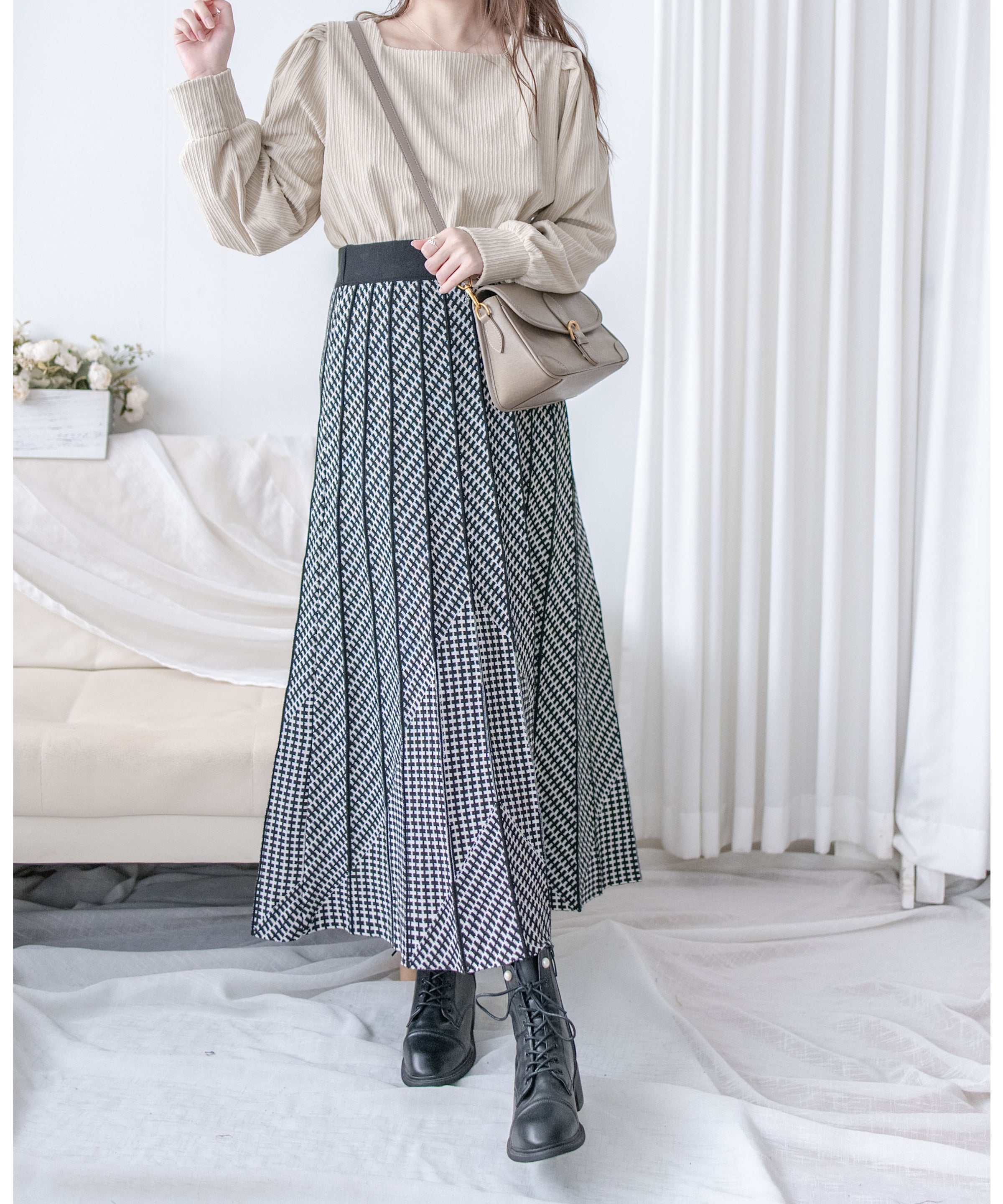 Pleated Pattern Knit Skirt 千鳥格設計感針織彈性百褶裙 / SK8920