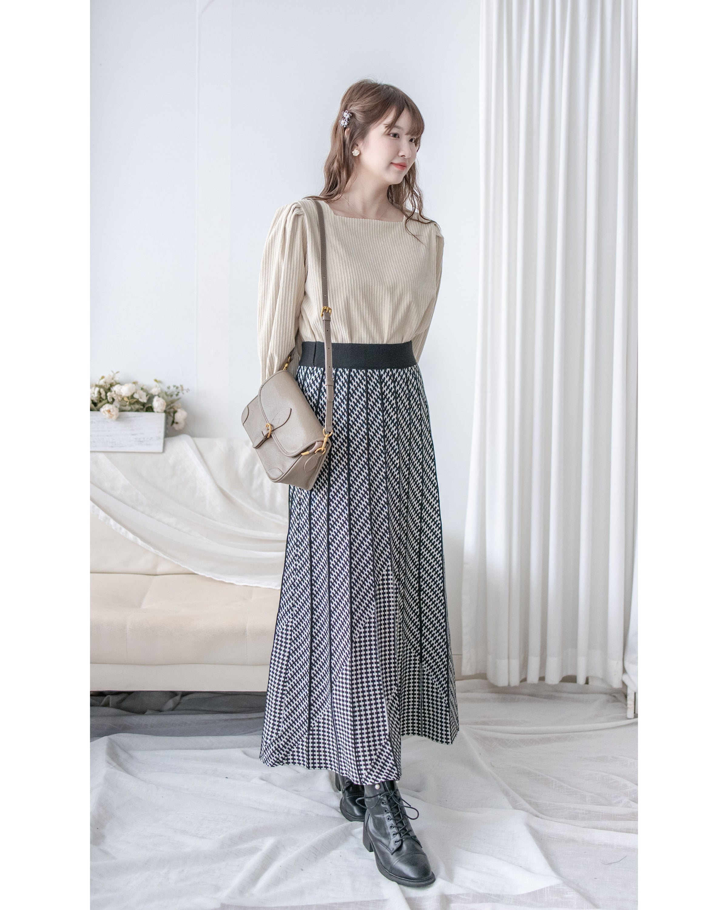 Pleated Pattern Knit Skirt 千鳥格設計感針織彈性百褶裙 / SK8920