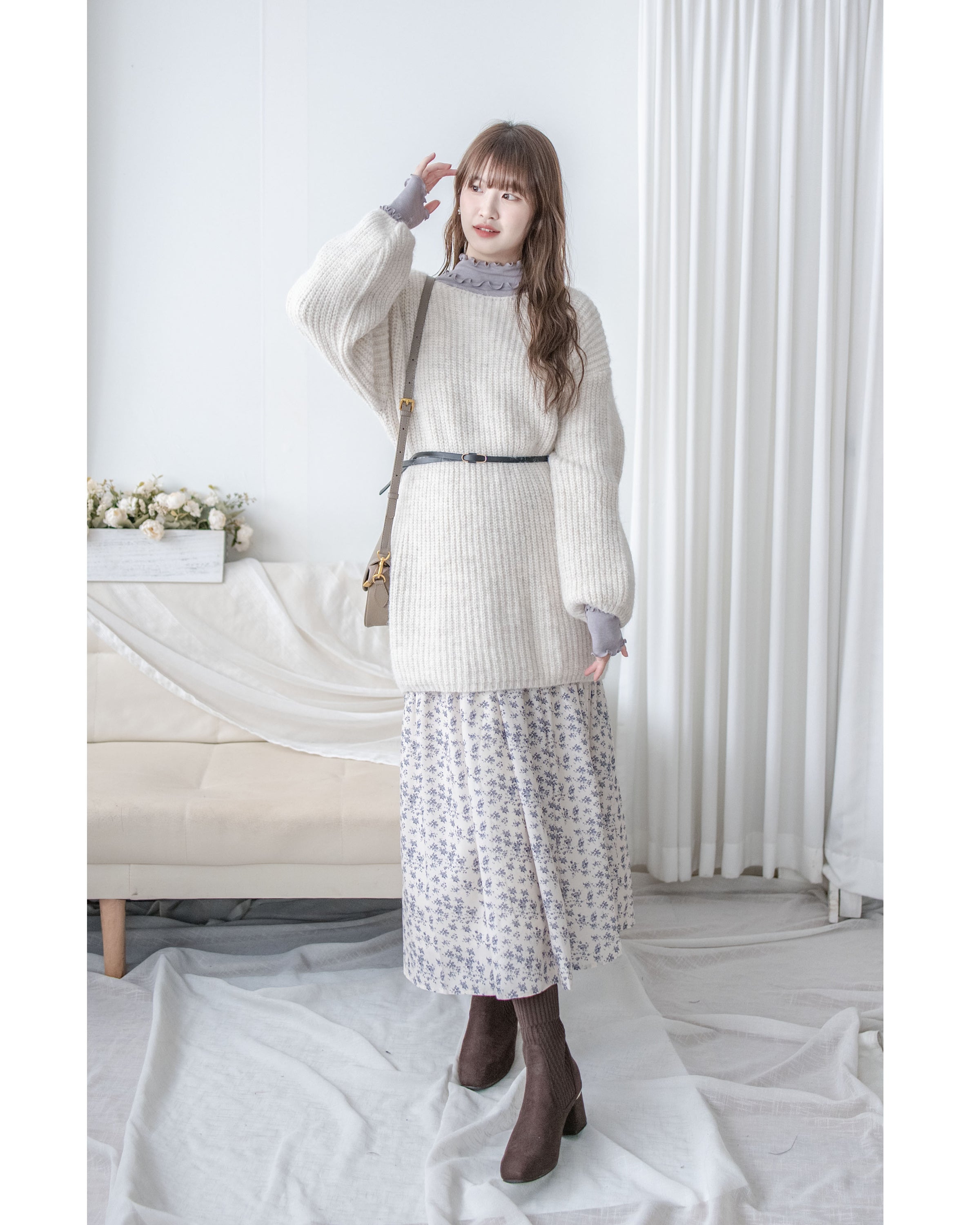 (售完即止 不設補貨） Belt Knit Top 船領織紋連腰帶修腰針織上衣/ DS1036