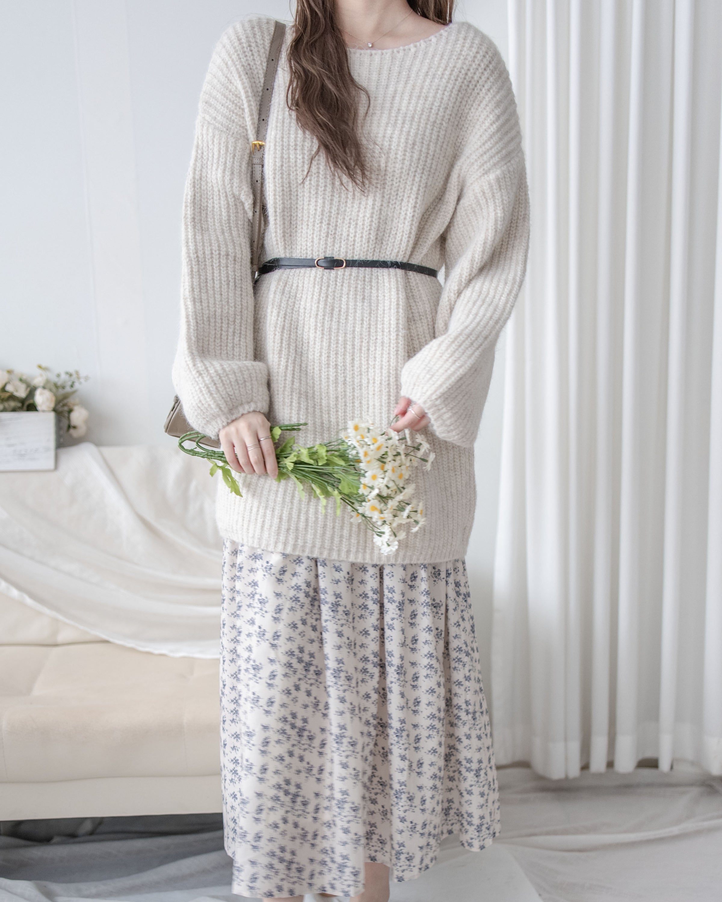 (售完即止 不設補貨） Belt Knit Top 船領織紋連腰帶修腰針織上衣/ DS1036