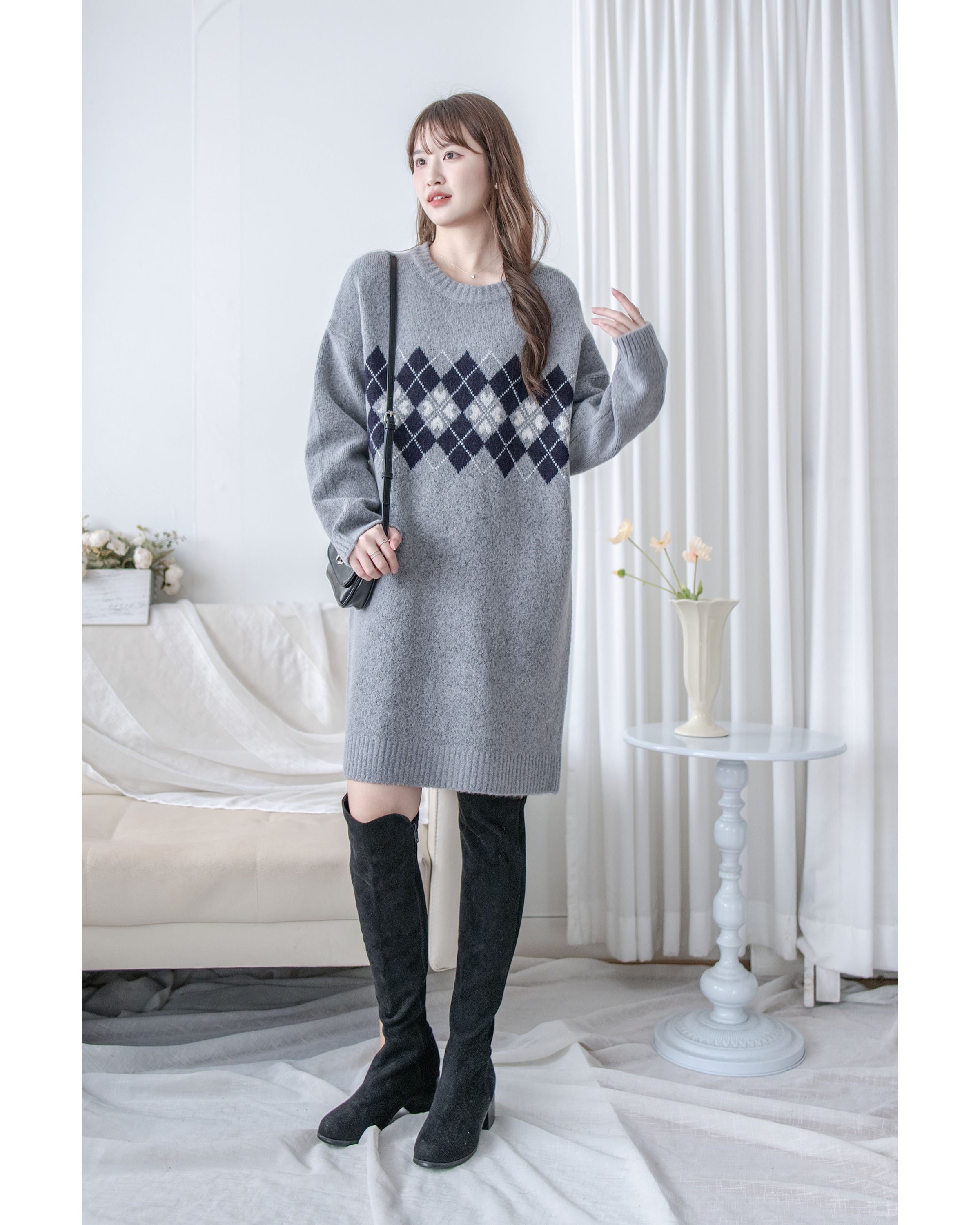Rhombus Knit Dress 棉棉柔軟親膚英倫花瓣針織連身裙/ KT8188