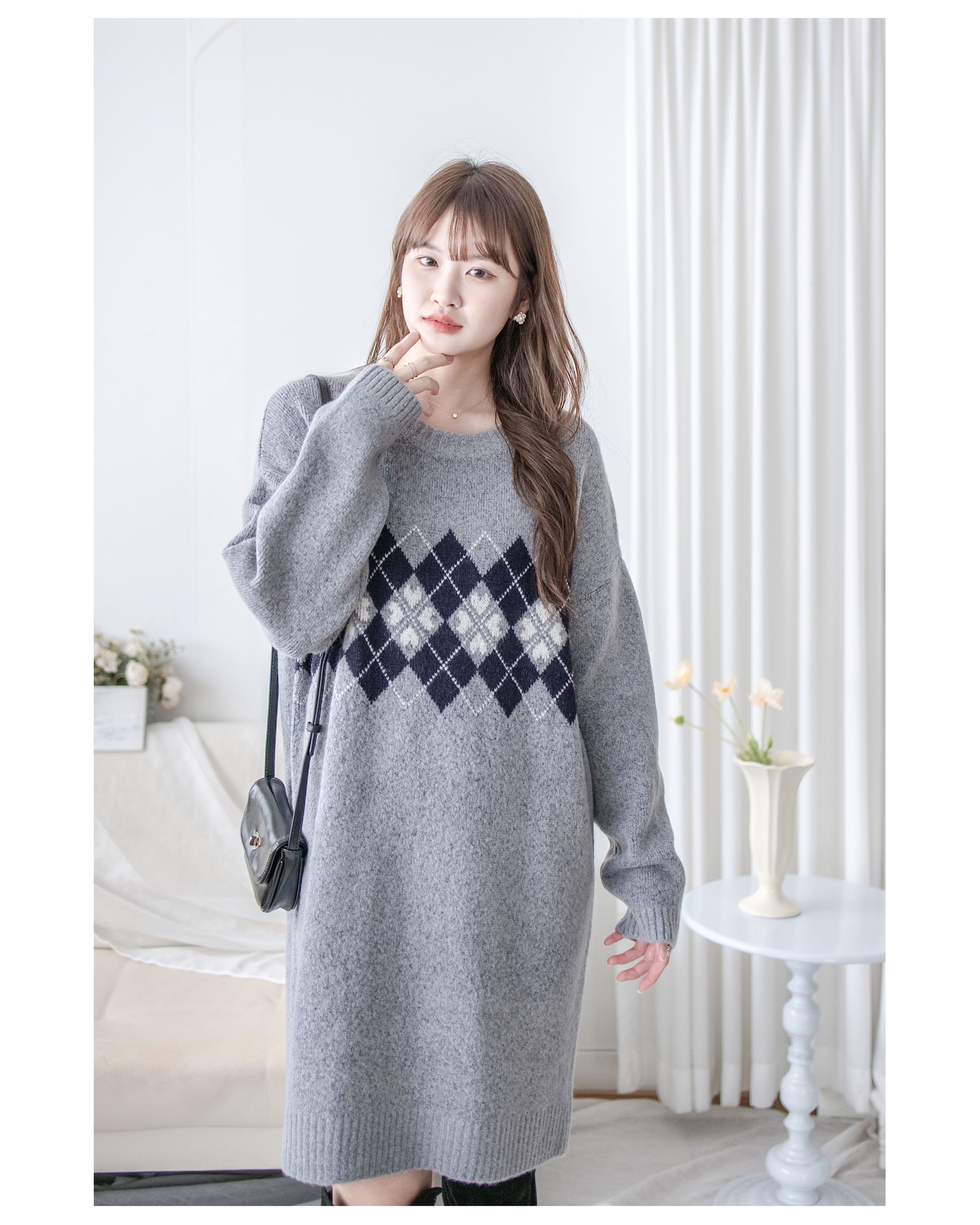 Rhombus Knit Dress 棉棉柔軟親膚英倫花瓣針織連身裙/ KT8188