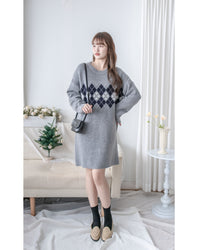 Rhombus Knit Dress 棉棉柔軟親膚英倫花瓣針織連身裙/ KT8188