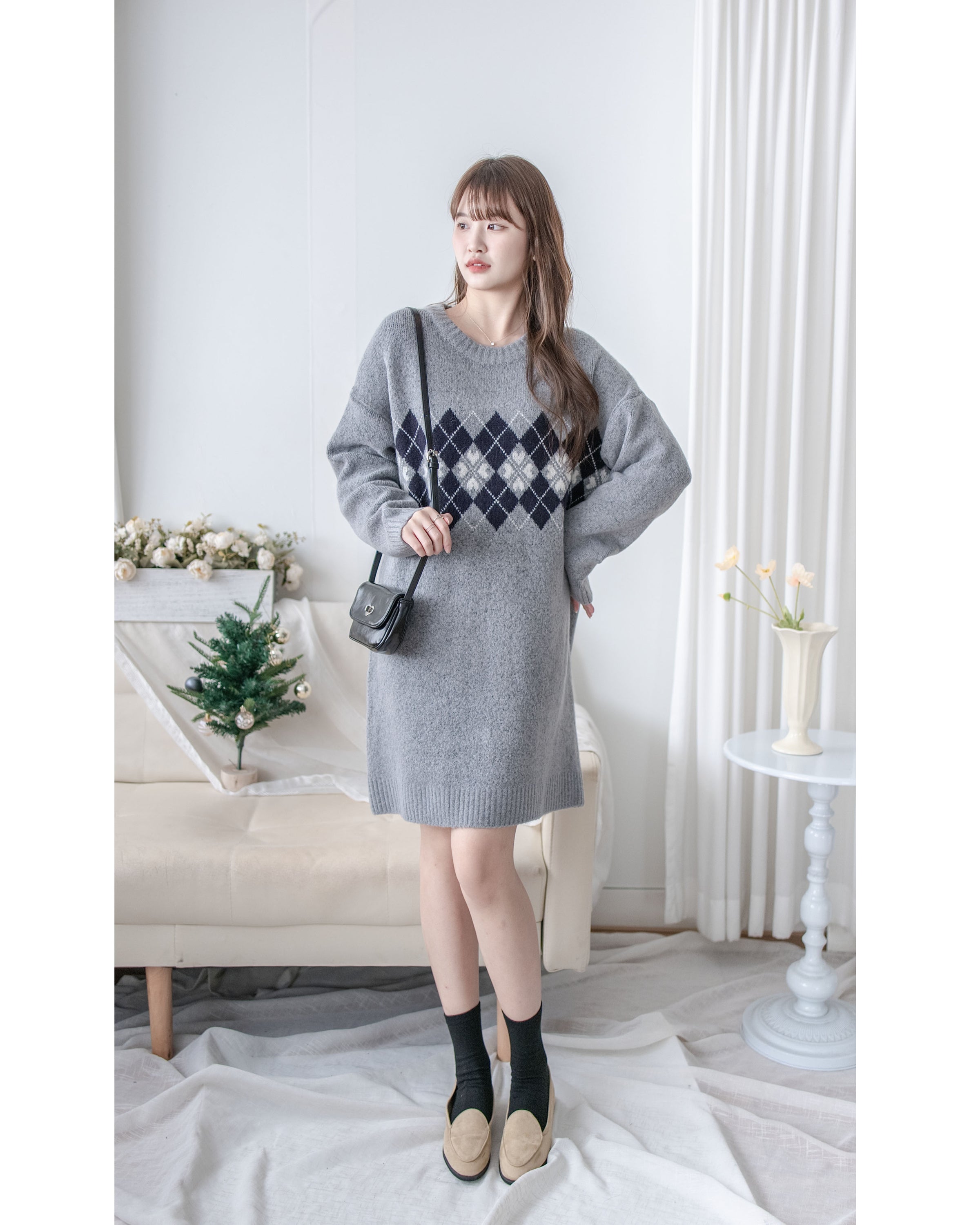 Rhombus Knit Dress 棉棉柔軟親膚英倫花瓣針織連身裙/ KT8188