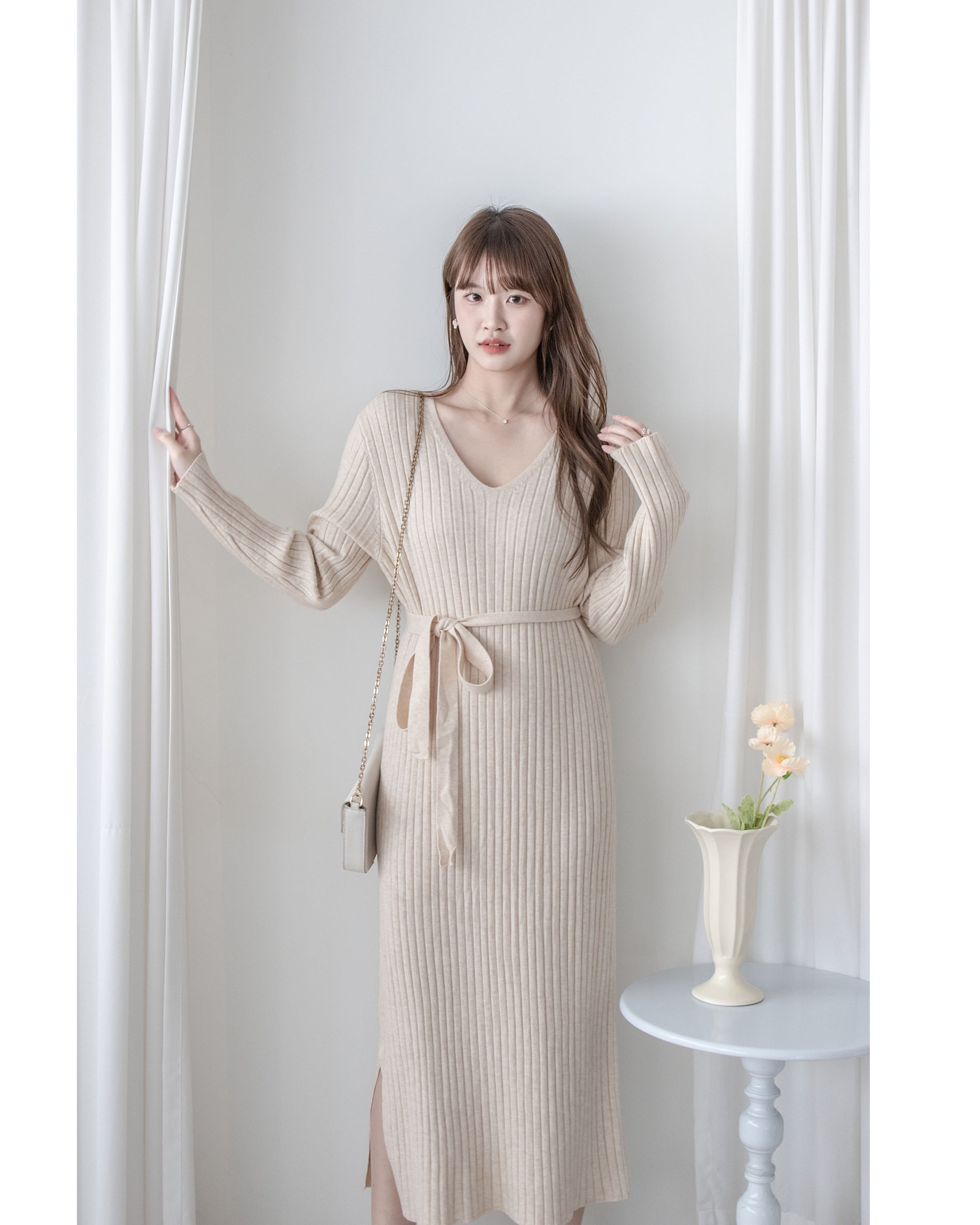 Vest Neck Dress V領側開叉彈性針織裙/ DS1034