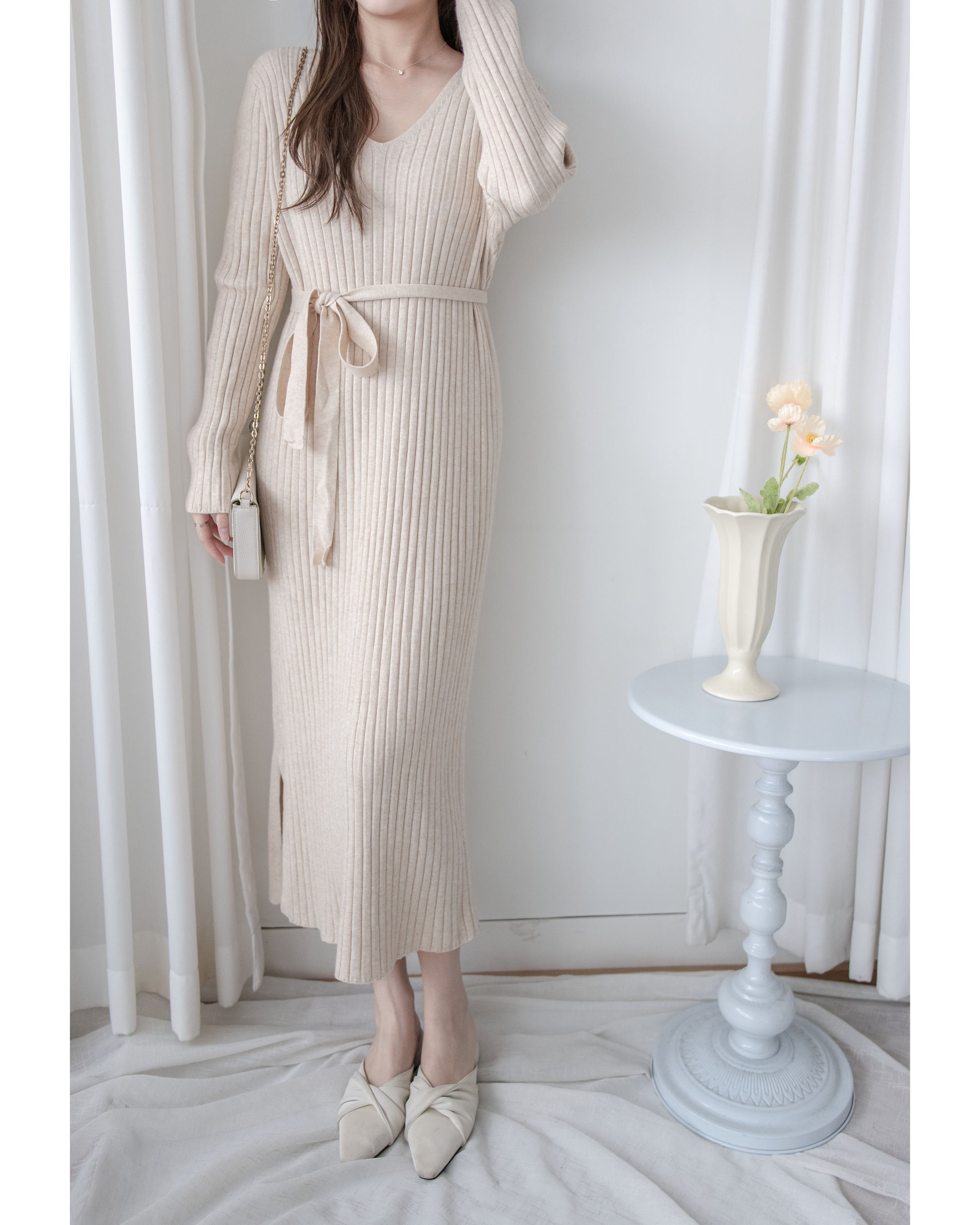 Vest Neck Dress V領側開叉彈性針織裙/ DS1034