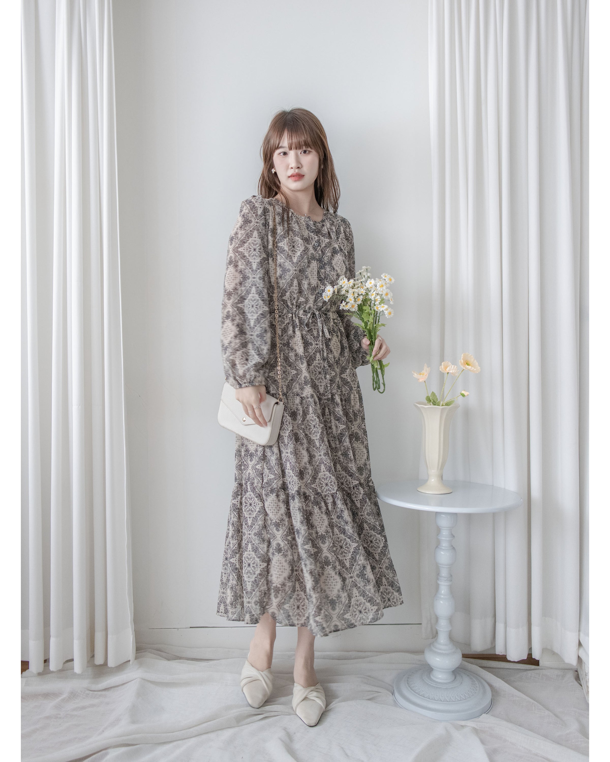 【intent X Korea label】Geometric Dress 菱格圖騰印雪紡連身裙/ DS1046