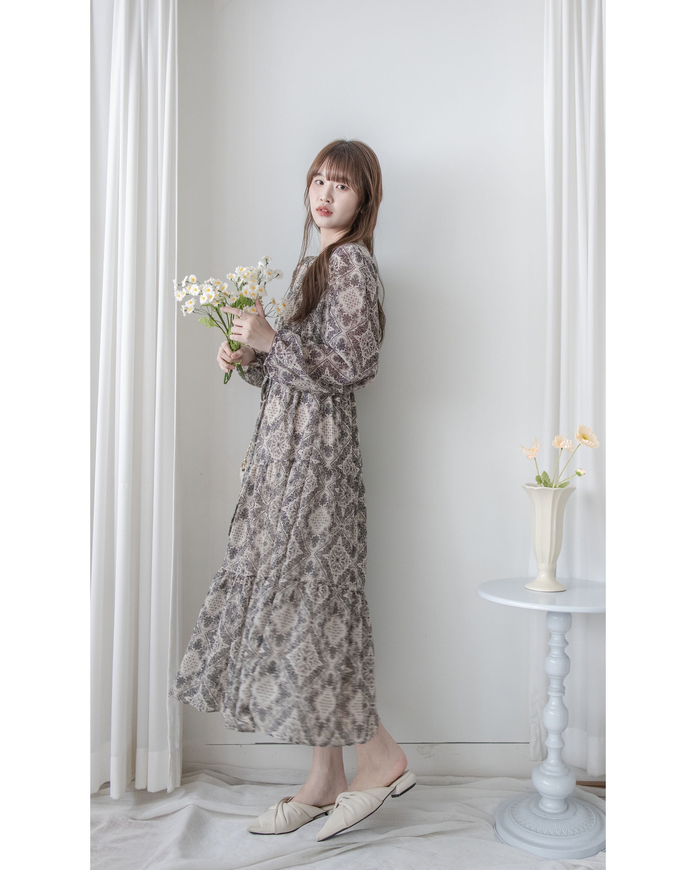 【intent X Korea label】Geometric Dress 菱格圖騰印雪紡連身裙/ DS1046