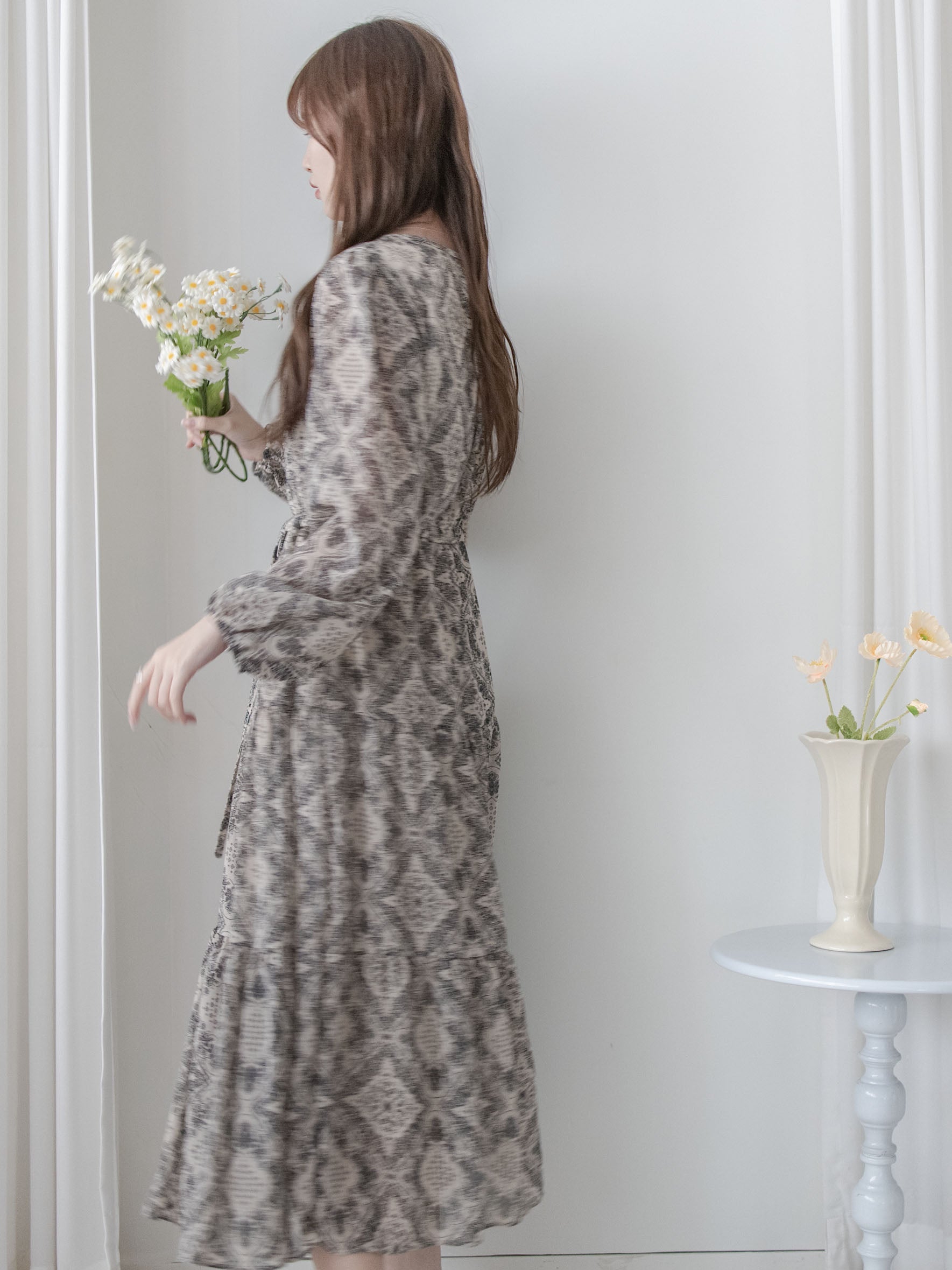 【intent X Korea label】Geometric Dress 菱格圖騰印雪紡連身裙/ DS1046