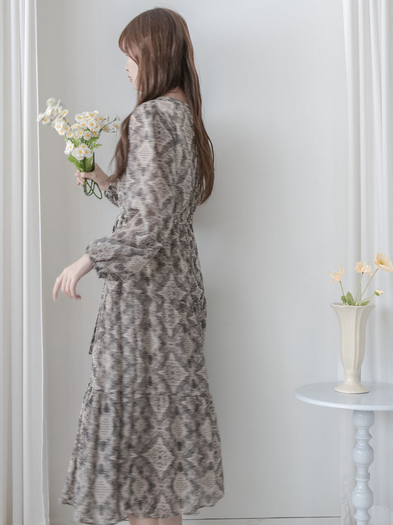 【intent X Korea label】Geometric Dress 菱格圖騰印雪紡連身裙/ DS1046