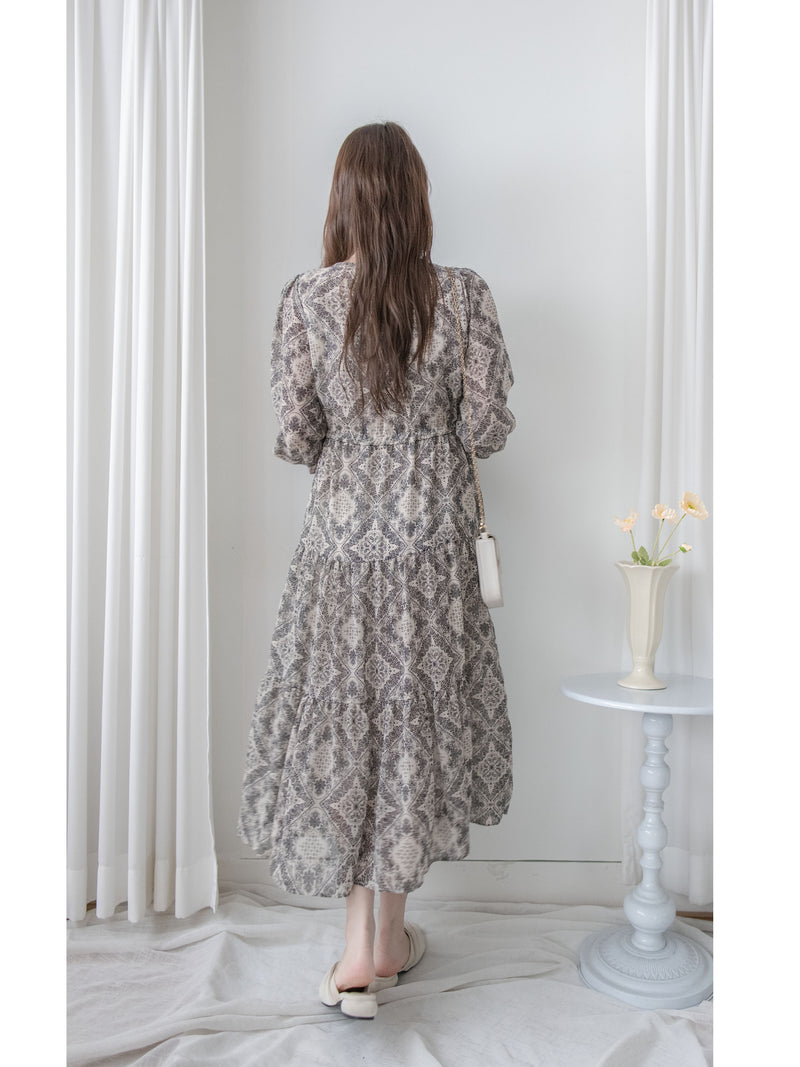 【intent X Korea label】Geometric Dress 菱格圖騰印雪紡連身裙/ DS1046