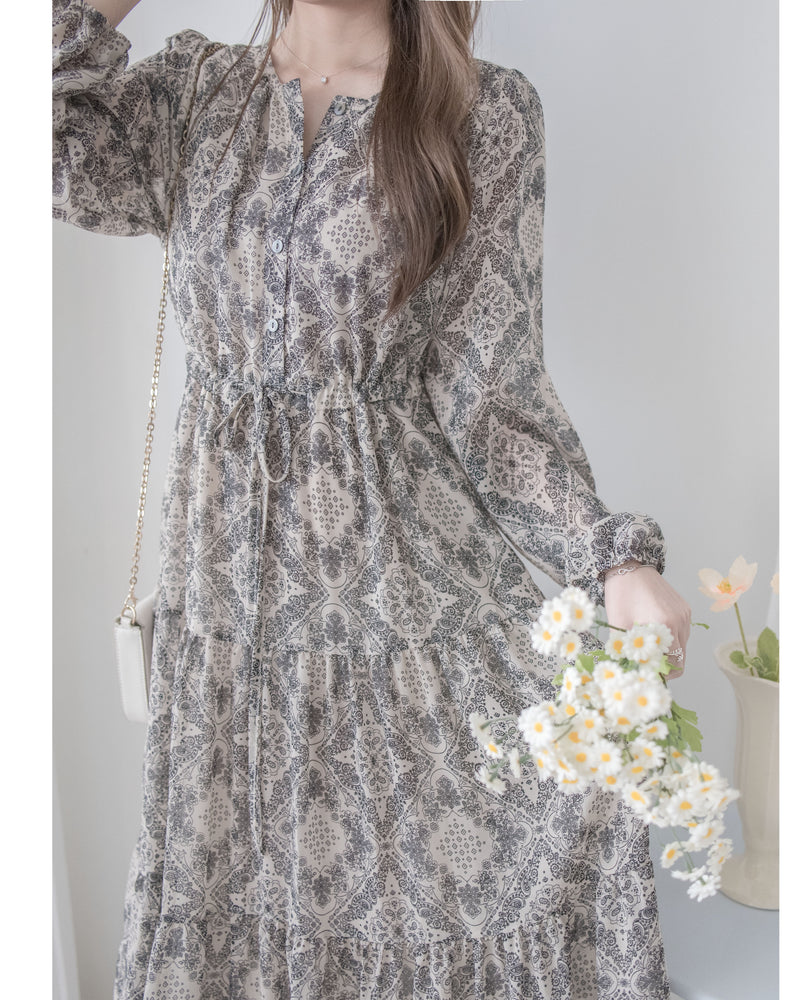 【intent X Korea label】Geometric Dress 菱格圖騰印雪紡連身裙/ DS1046