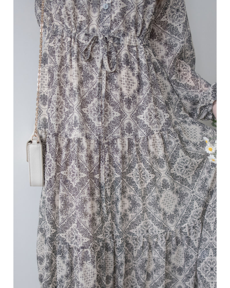 【intent X Korea label】Geometric Dress 菱格圖騰印雪紡連身裙/ DS1046