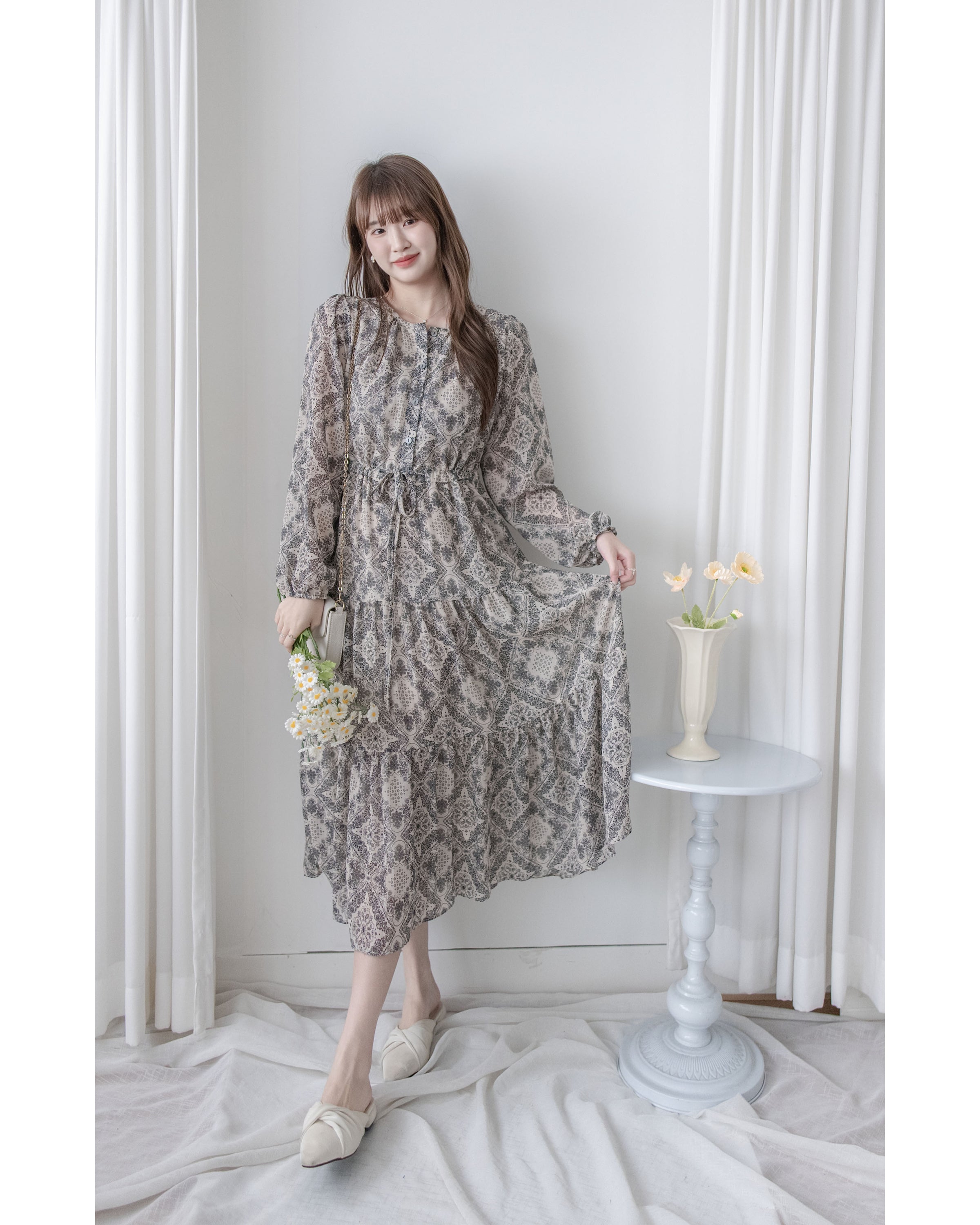 【intent X Korea label】Geometric Dress 菱格圖騰印雪紡連身裙/ DS1046