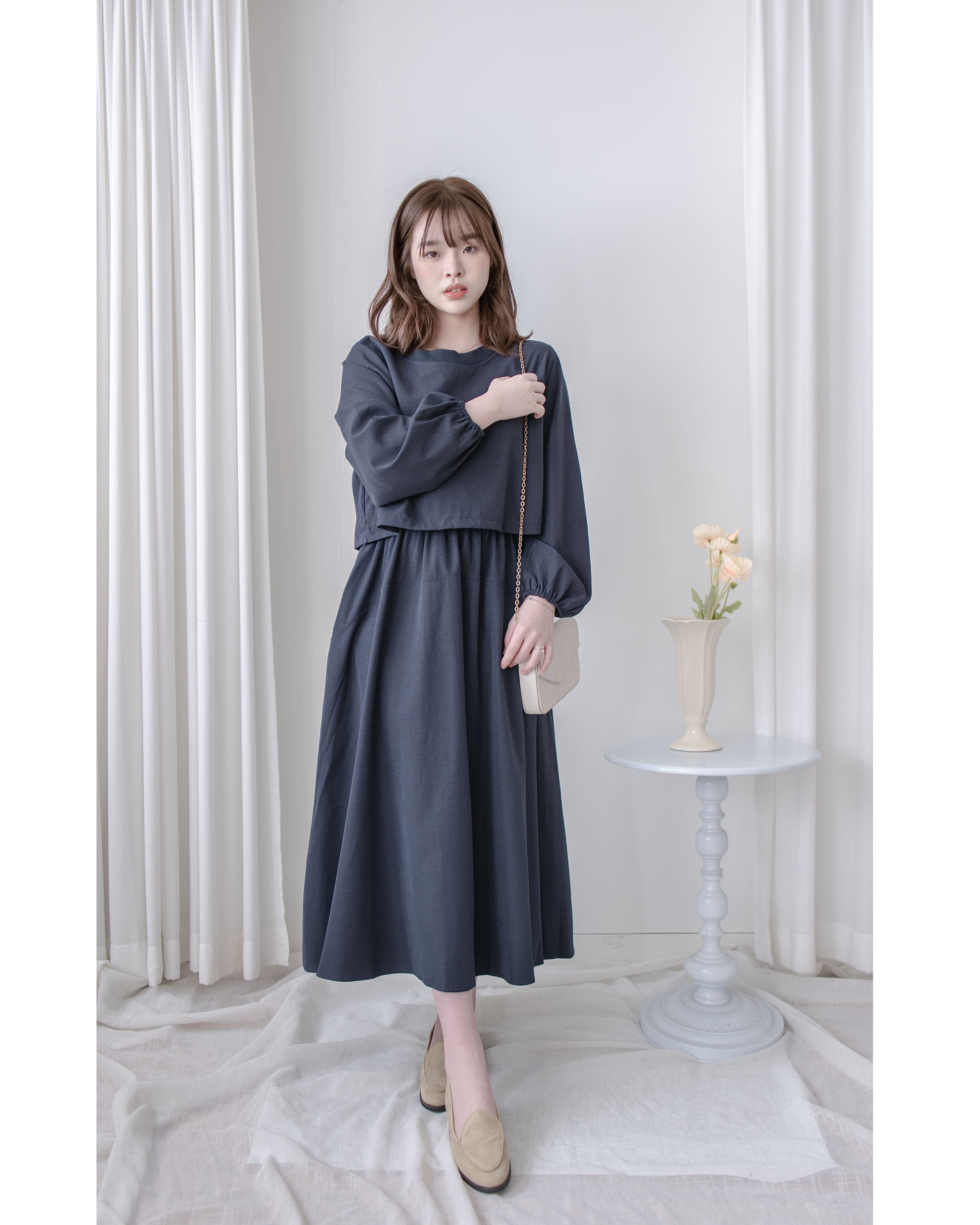 Navy Dress 輕紗圓領假兩件設計傘形連身裙/ DS1042