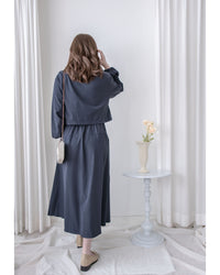 Navy Dress 輕紗圓領假兩件設計傘形連身裙/ DS1042