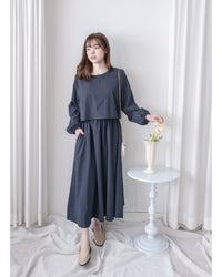 Navy Dress 輕紗圓領假兩件設計傘形連身裙/ DS1042
