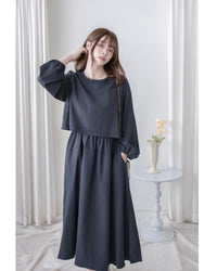 Navy Dress 輕紗圓領假兩件設計傘形連身裙/ DS1042