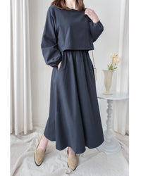 Navy Dress 輕紗圓領假兩件設計傘形連身裙/ DS1042