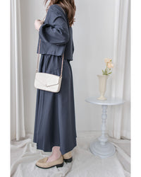 Navy Dress 輕紗圓領假兩件設計傘形連身裙/ DS1042