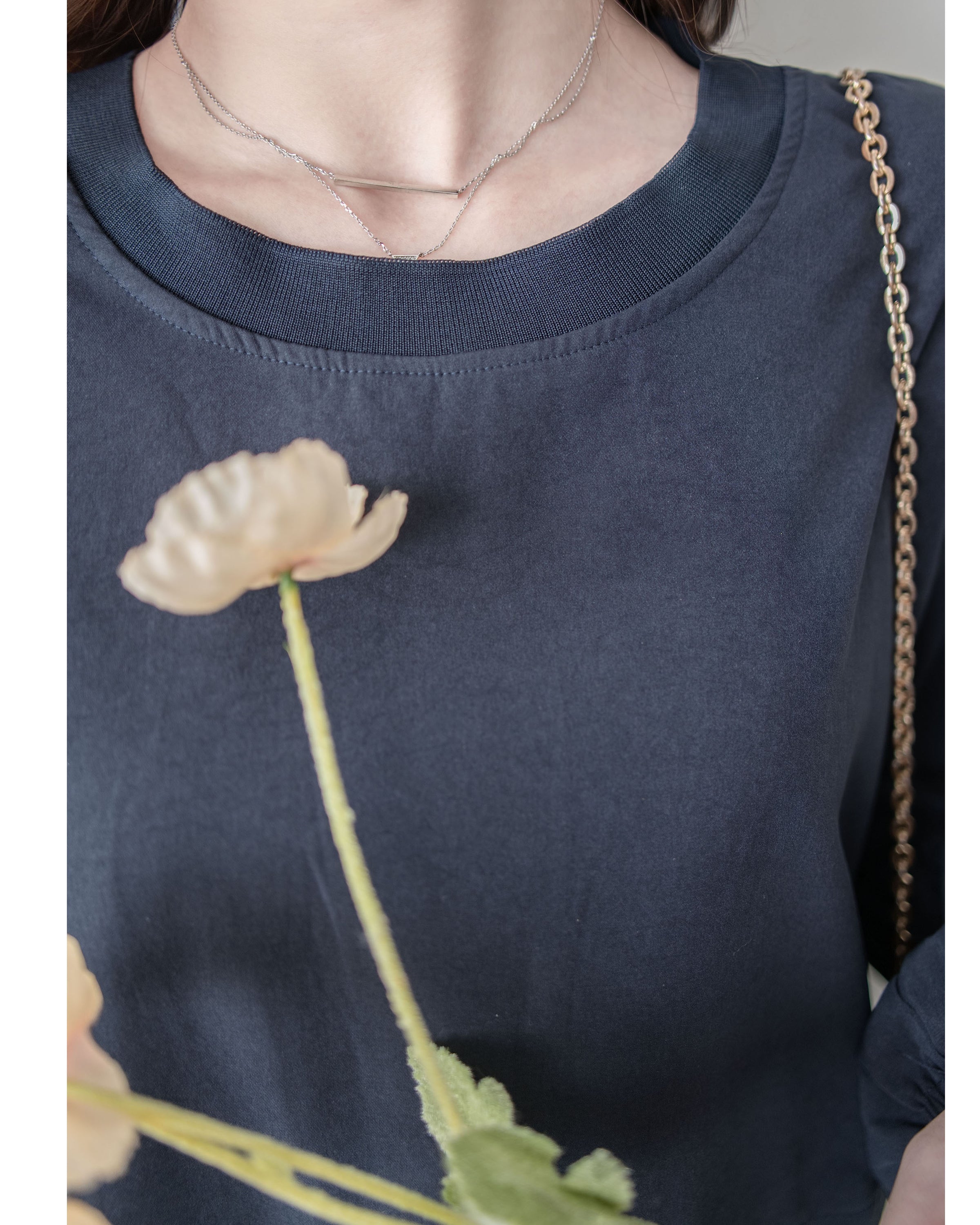 Navy Dress 輕紗圓領假兩件設計傘形連身裙/ DS1042