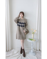 Rhombus Knit Dress 棉棉柔軟親膚英倫花瓣針織連身裙/ KT8188