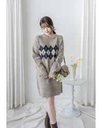 Rhombus Knit Dress 棉棉柔軟親膚英倫花瓣針織連身裙/ KT8188
