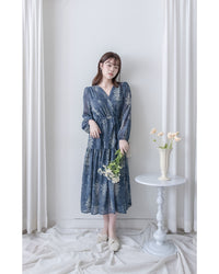 Midnight Snowflake Dress 午夜藍色雪花防皺雪紡修腰連身裙 / DS1045（pre-order)