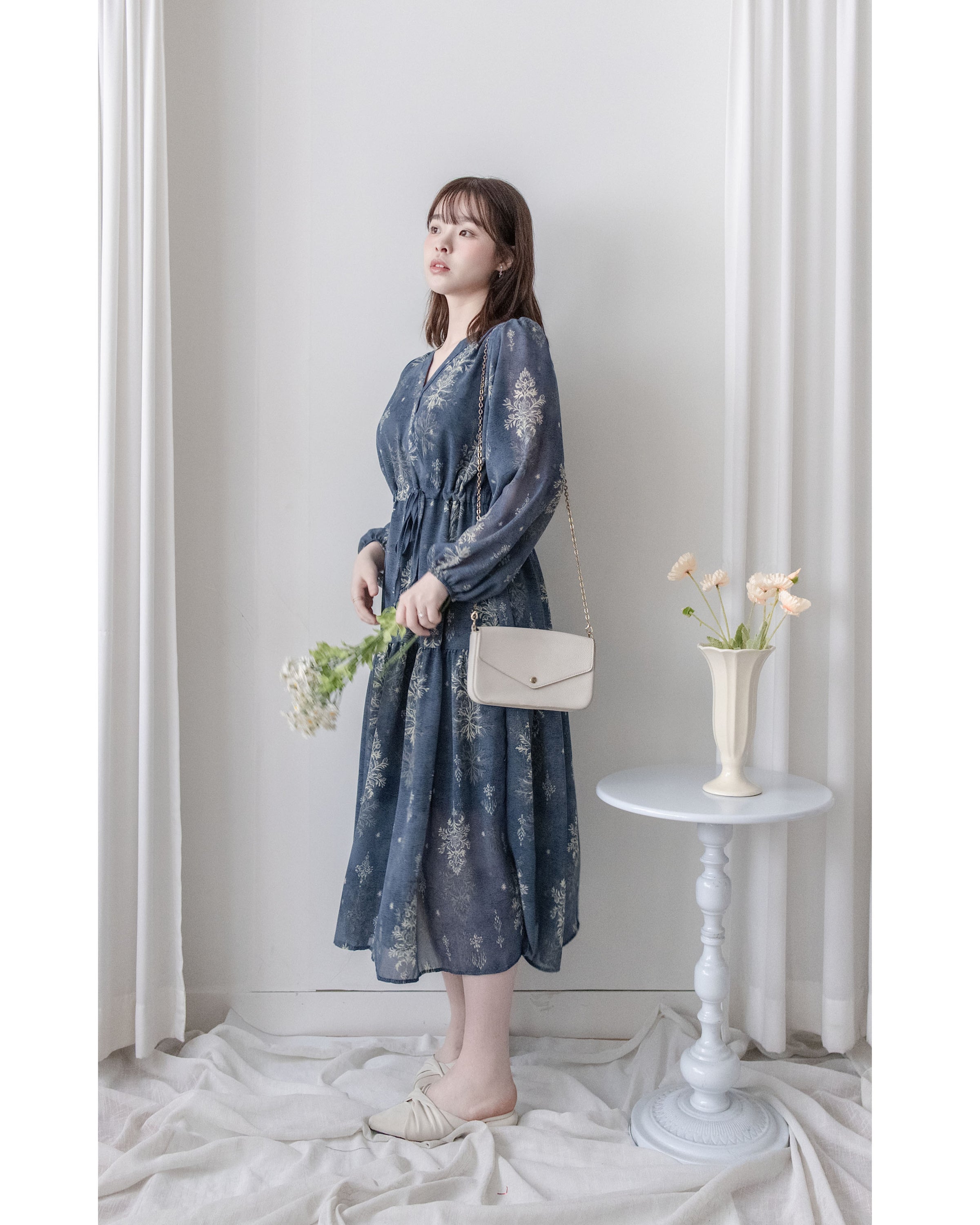 Midnight Snowflake Dress 午夜藍色雪花防皺雪紡修腰連身裙 / DS1045（pre-order)
