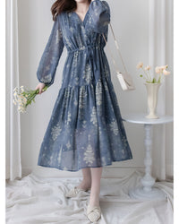 Midnight Snowflake Dress 午夜藍色雪花防皺雪紡修腰連身裙 / DS1045（pre-order)