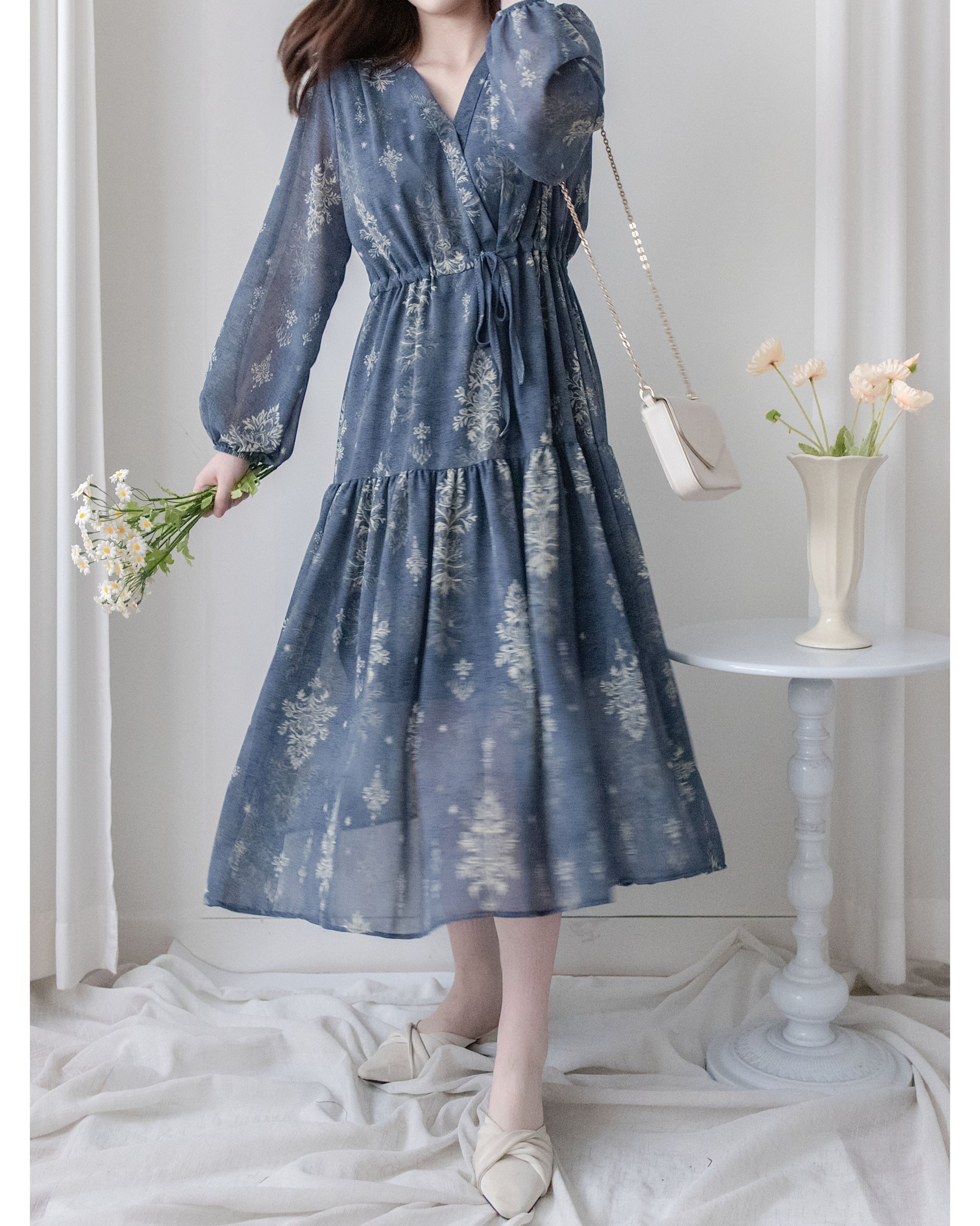 Midnight Snowflake Dress 午夜藍色雪花防皺雪紡修腰連身裙 / DS1045（pre-order)