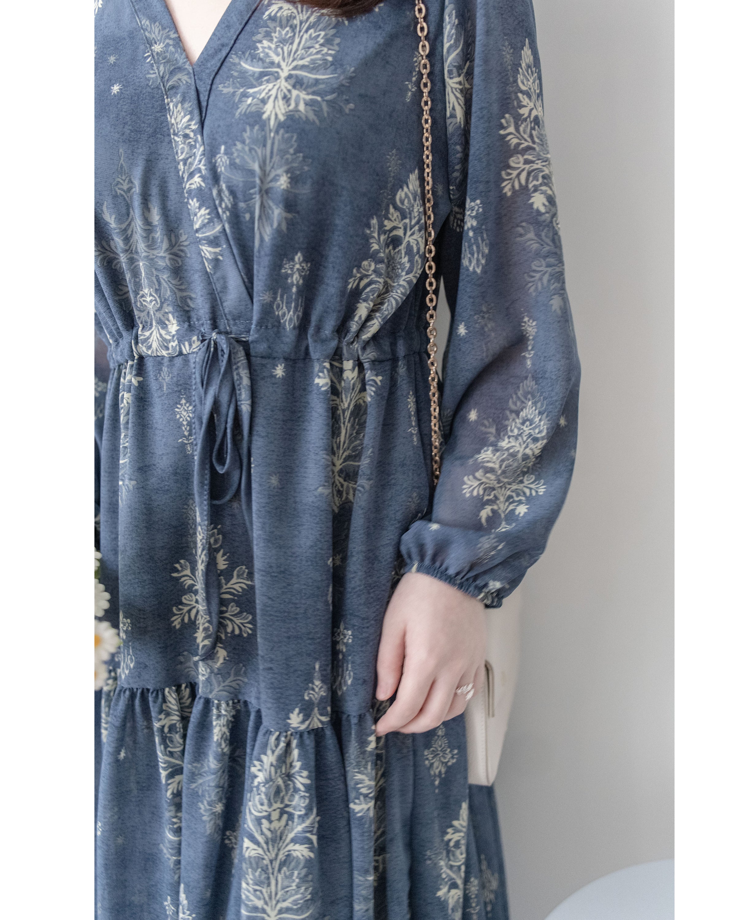 Midnight Snowflake Dress 午夜藍色雪花防皺雪紡修腰連身裙 / DS1045（pre-order)